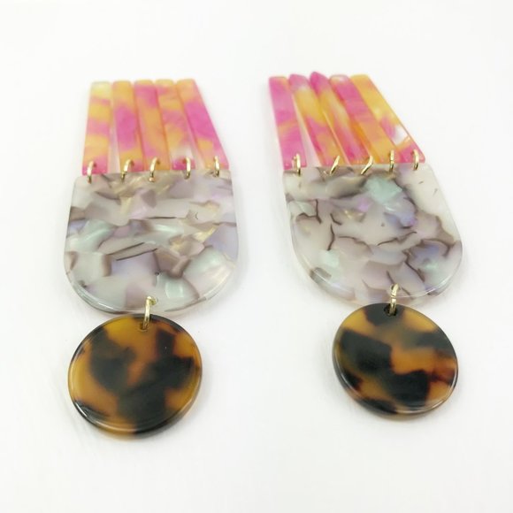 Gray Tab & Fringe Earrings w/ Pink & Yellow Fringe - Picture 5 of 7